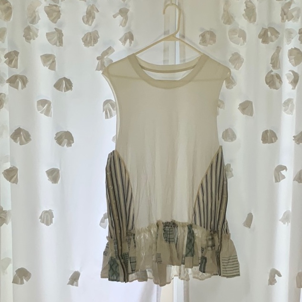 Pilcro Cream and Green Asymmetrical Ruffled Tank Top